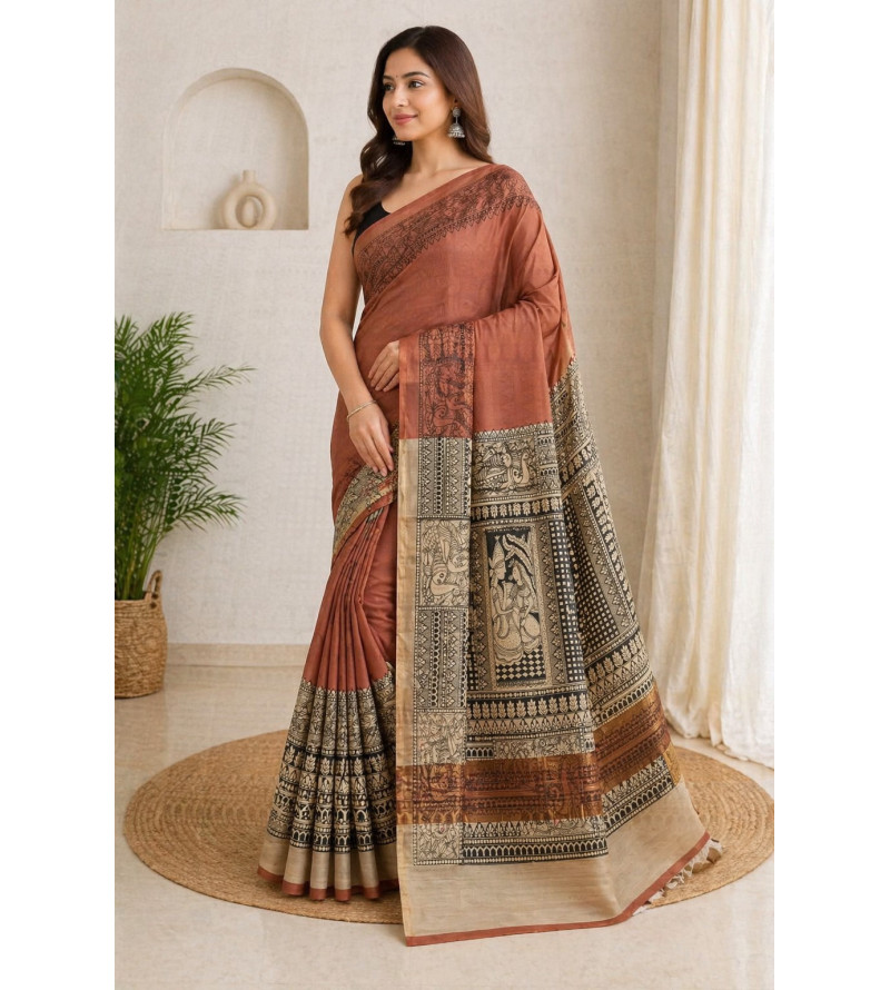 copy of Tasar Gheecha Sataple Silk Saree for Women | Handcrafted Screen Print | Traditional Ethnic Wear | 6.5 Meter with Blouse