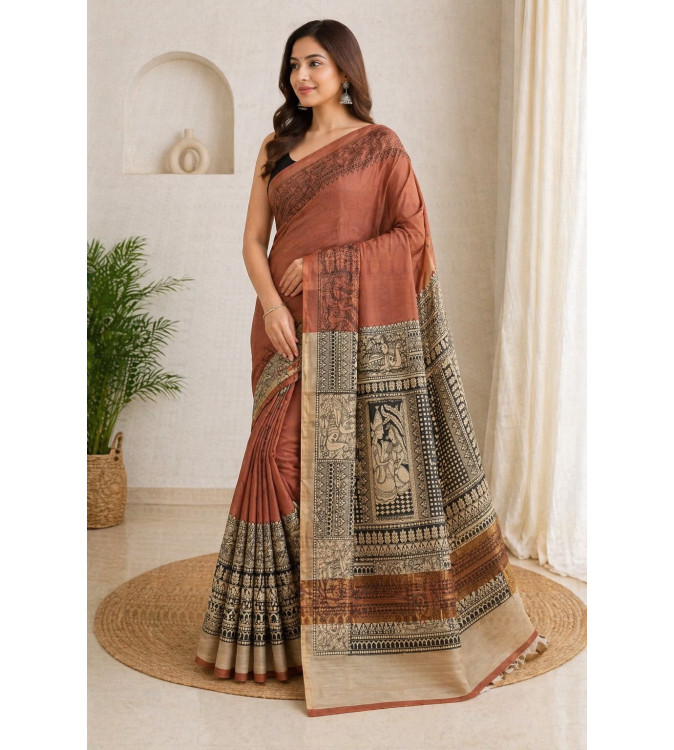 copy of Tasar Gheecha Sataple Silk Saree for Women | Handcrafted Screen Print | Traditional Ethnic Wear | 6.5 Meter with Blouse
