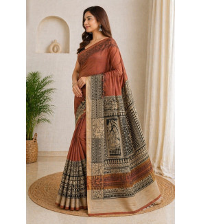 copy of Tasar Gheecha Sataple Silk Saree for Women | Handcrafted Screen Print | Traditional Ethnic Wear | 6.5 Meter with Blouse