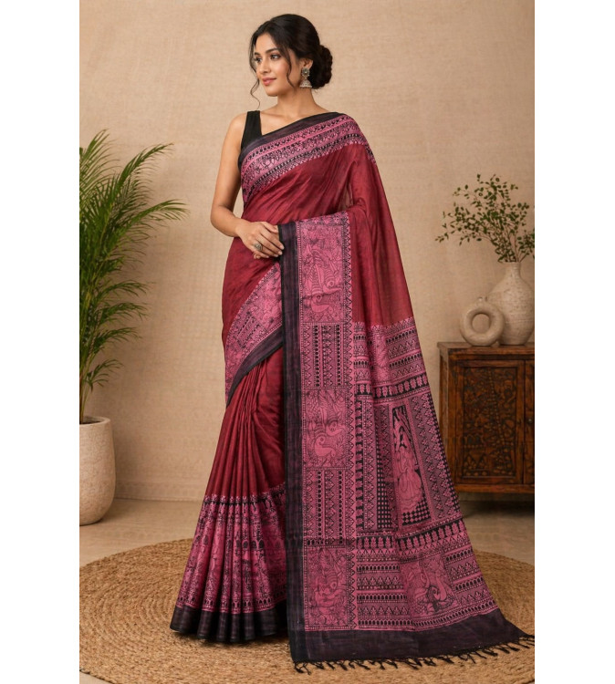 Pure Tasar Gheecha Silk Printed Saree for Women | Handloom Certified | Silk Mark | Traditional Ethnic Saree with Blouse (6.5m)