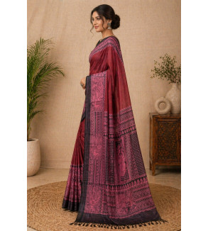 Pure Tasar Gheecha Silk Printed Saree for Women | Handloom Certified | Silk Mark | Traditional Ethnic Saree with Blouse (6.5m)