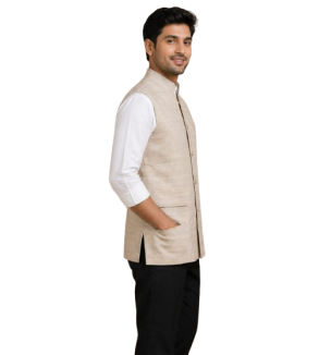 Tasar Gheecha Silk Bandi for Men | Handloom Nehru Jacket | Natural Color | Ethnic Wear | Sizes 40