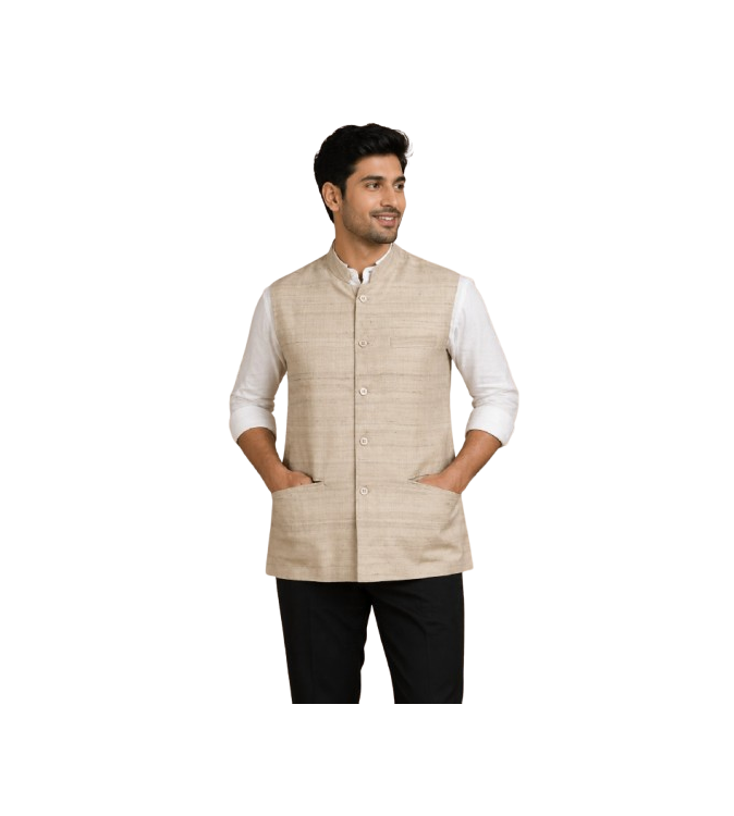 Tasar Gheecha Silk Bandi for Men | Handloom Nehru Jacket | Natural Color | Ethnic Wear | Sizes 40