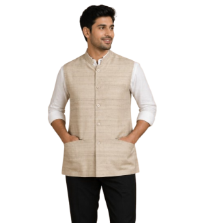 Tasar Gheecha Silk Bandi for Men | Handloom Nehru Jacket | Natural Color | Ethnic Wear | Sizes 42