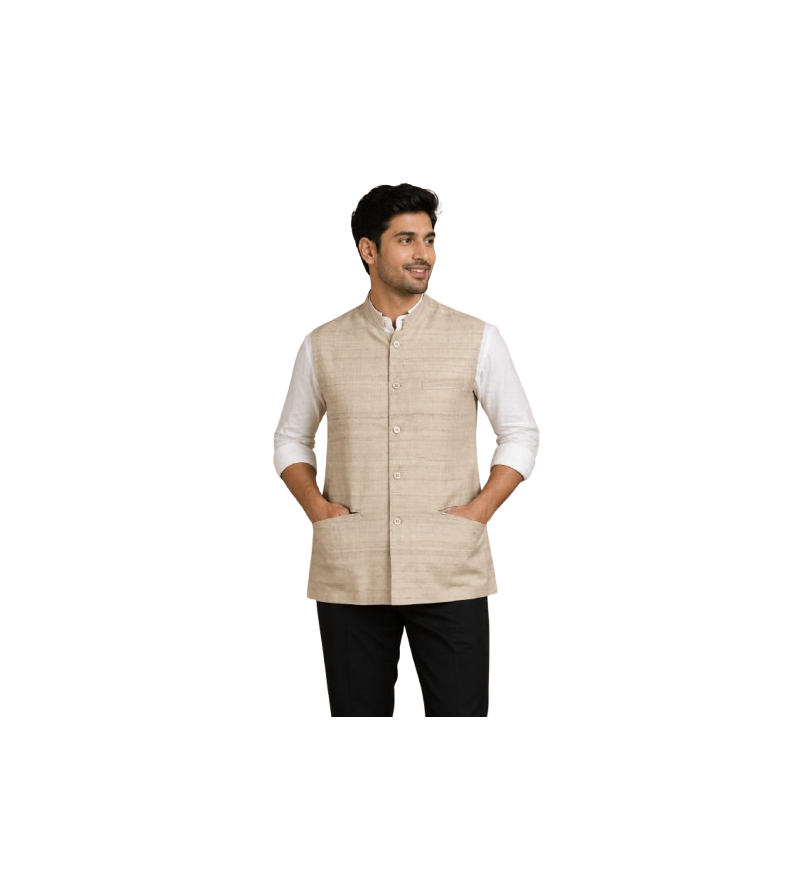 Tasar Gheecha Silk Bandi for Men | Handloom Nehru Jacket | Natural Color | Ethnic Wear | Sizes 42