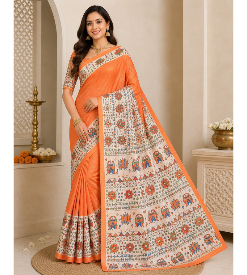 Tasar Tasar Silk Printed Saree for Women | Handloom Certified | Silk Mark | Traditional Ethnic Saree with Blouse